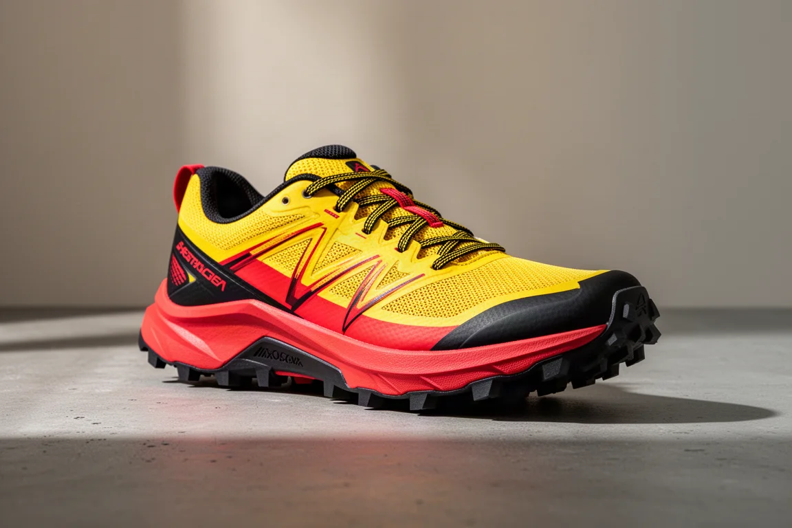 Brooks Cascadia 16 trail running shoe in a yellow, red and black colorway on a concrete surface