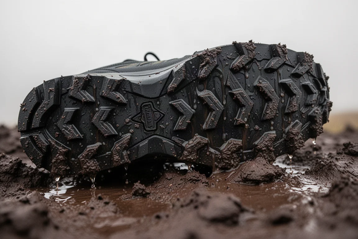 Gros plan sur un pare-pierres renforcé d'une chaussure de trail donnant un coup dans un caillou