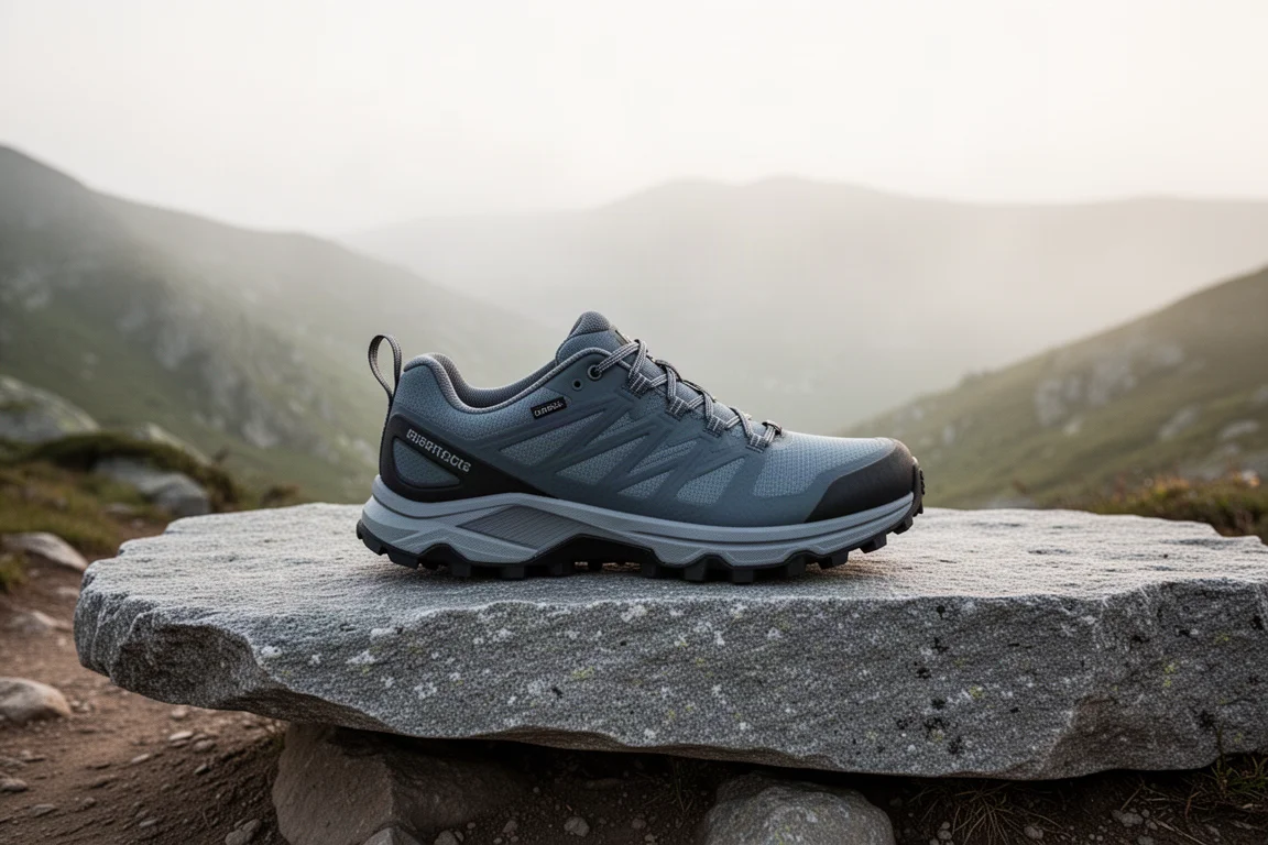 Empreinte des crampons de la semelle Vibram pressée dans la terre meuble d'un sentier