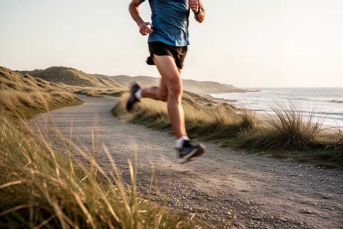 Trail runner striding along a flowing compacted trail in soft coastal light