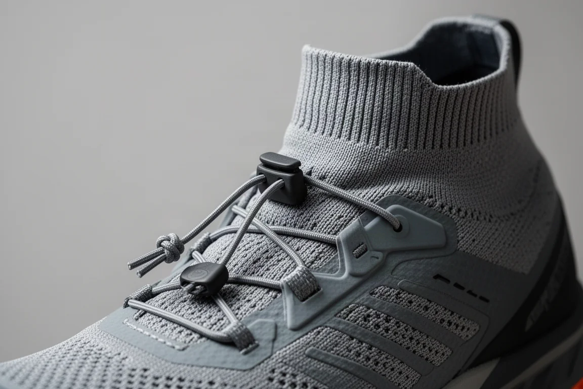 Close-up of a stretchy sock-like shoe upper with zonal padding under the laces