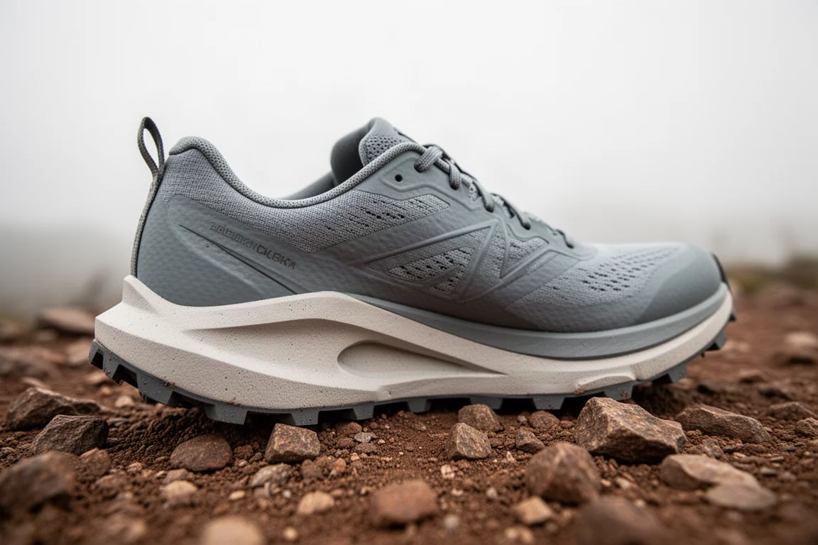 Close-up of a wide, deeply cushioned trail shoe midsole resting on rocky ground