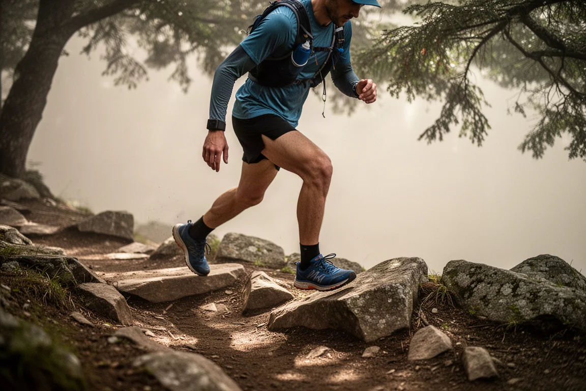 Runner picking a careful line across a rocky section of trail