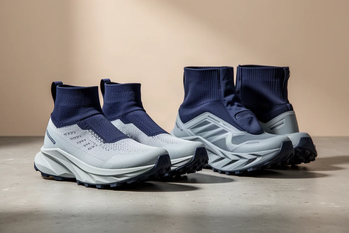 Tênis de trilha Brooks Cascadia Elite e Hoka Tecton X3 lado a lado sobre concreto