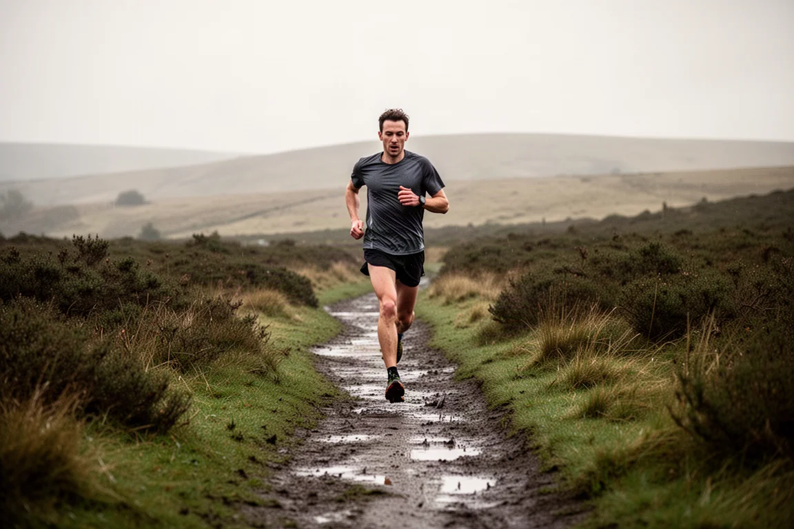 Trailrunner beweegt over een modderig pad in glooiend heuvellandschap