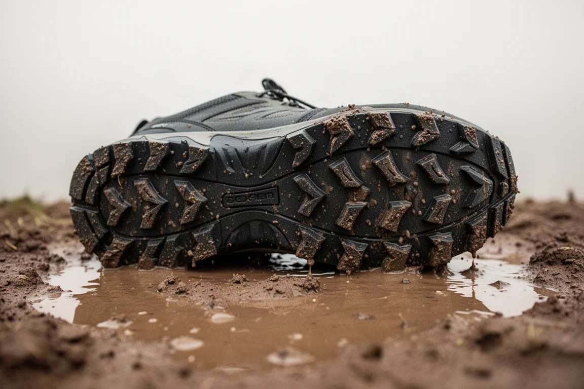 Close-up van een trailrunning-zool met noppen die grip heeft op natte, modderige grond