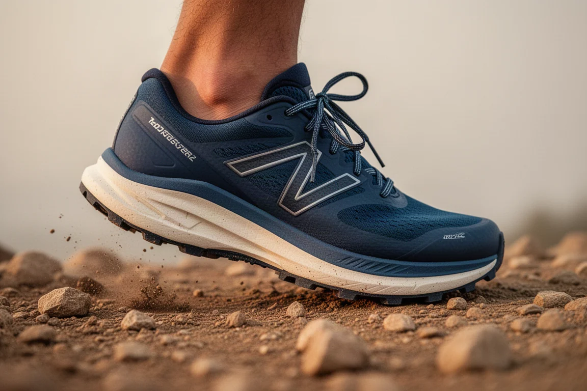 Tussenzool van trailrunningschoen buigt licht door bij landing op een rotsachtig pad