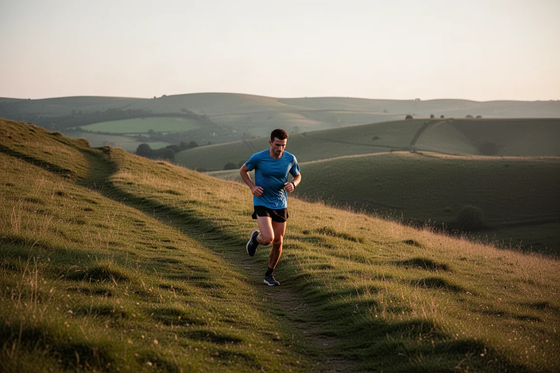 Runner daalt af over een grasrijk heuvelpad in zacht avondlicht