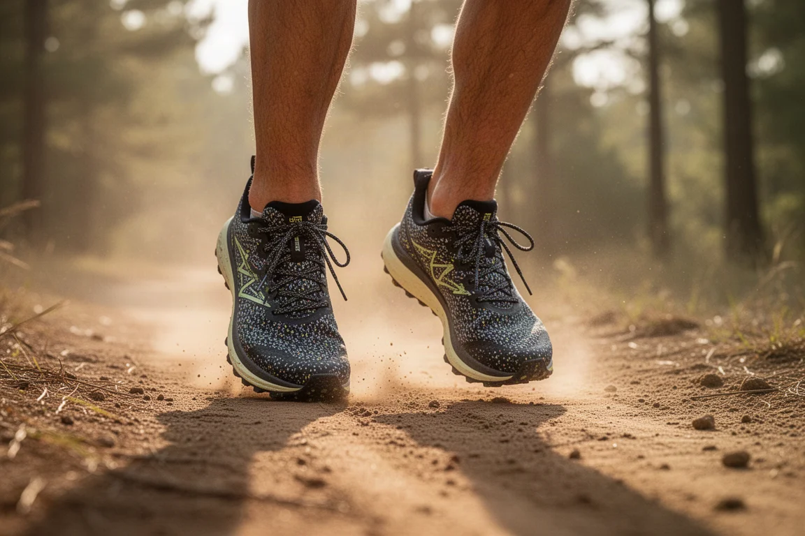 Trail runner on a dry hard-packed trail with light speckled trail shoes