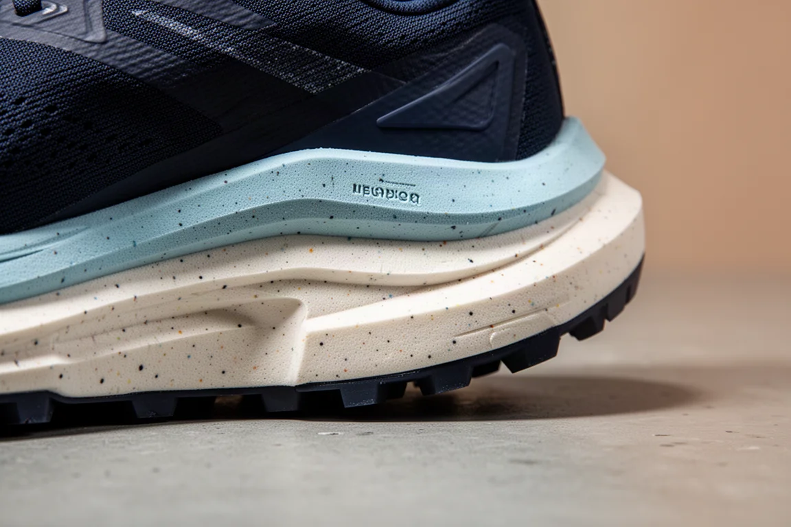 Close-up of a trail shoe midsole showing foam sidewalls and forefoot plate area