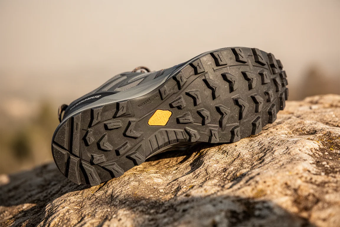 Outsole of a trail shoe with shallow flat lugs pressed against dry rock