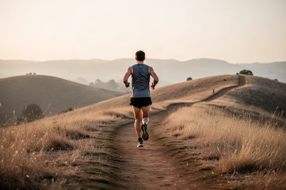 Trail runner on a rolling hard-packed hill trail in warm evening light