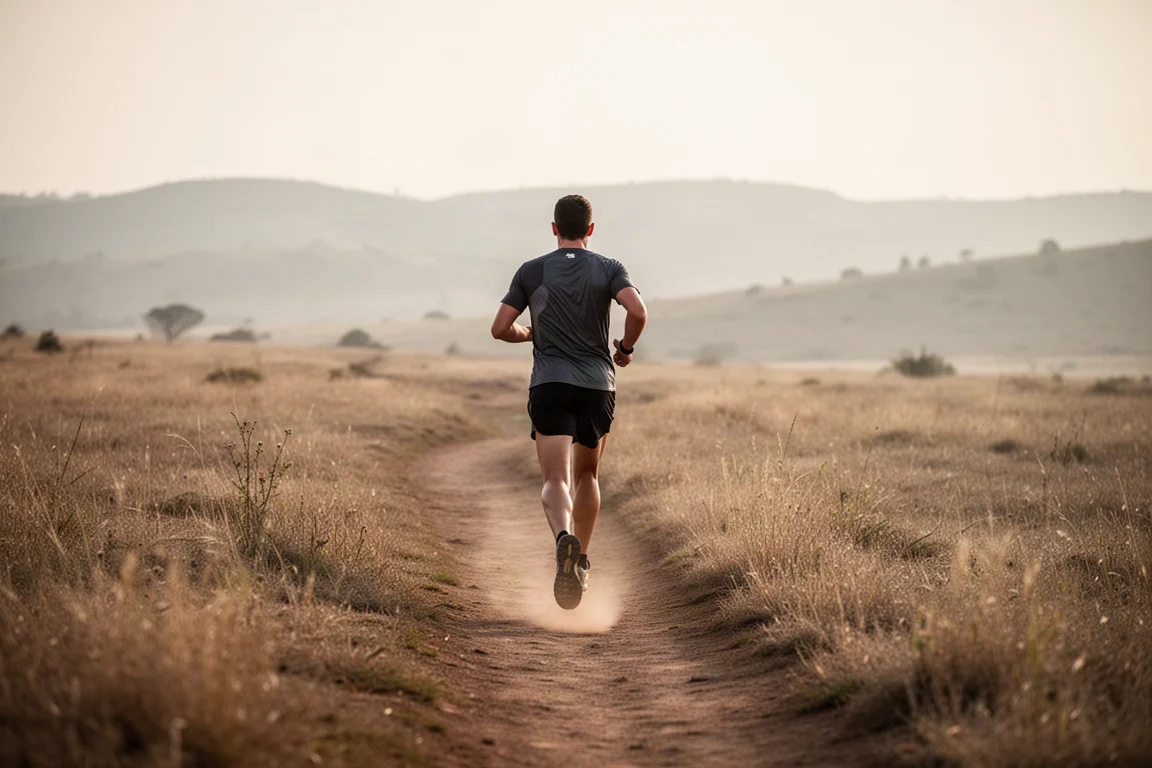 Trail runner on a dusty singletrack trail in soft morning light