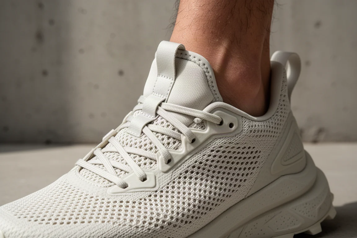 Close-up of engineered mesh trail shoe upper on a foot