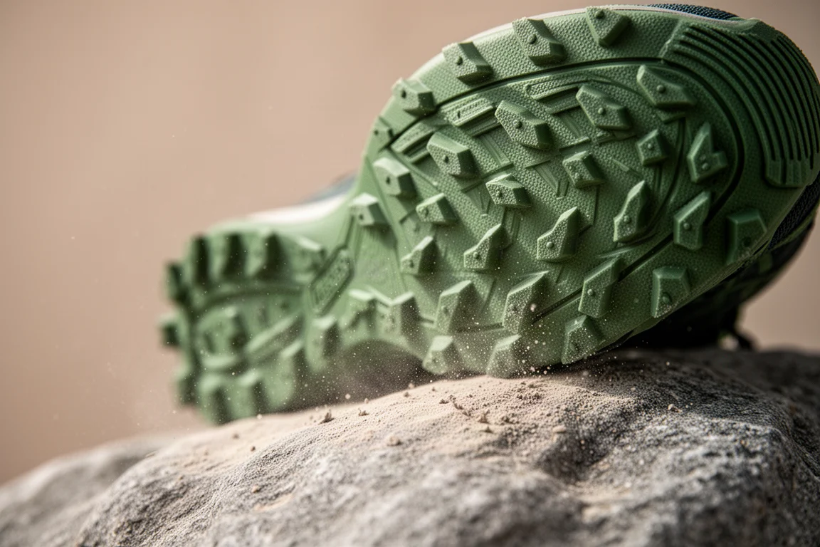 Green rubber outsole with short lugs pressed onto dusty rock
