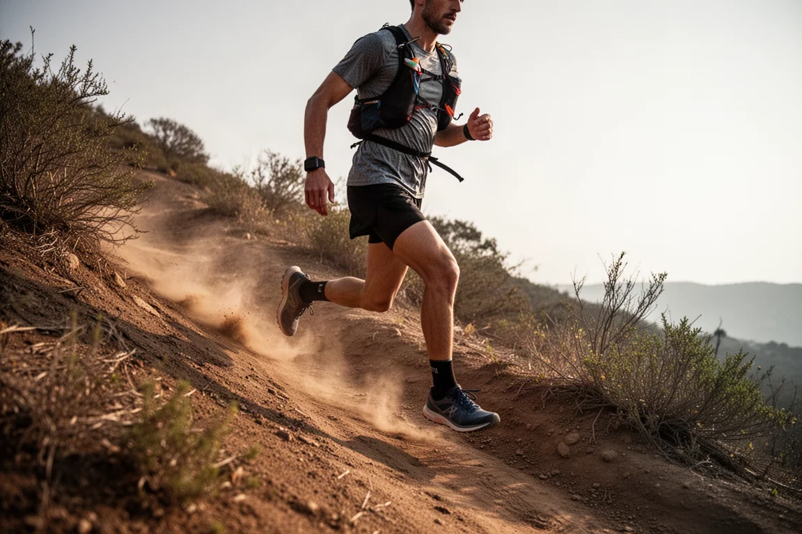 Trail runner climbing a steep dusty uphill segment at dusk