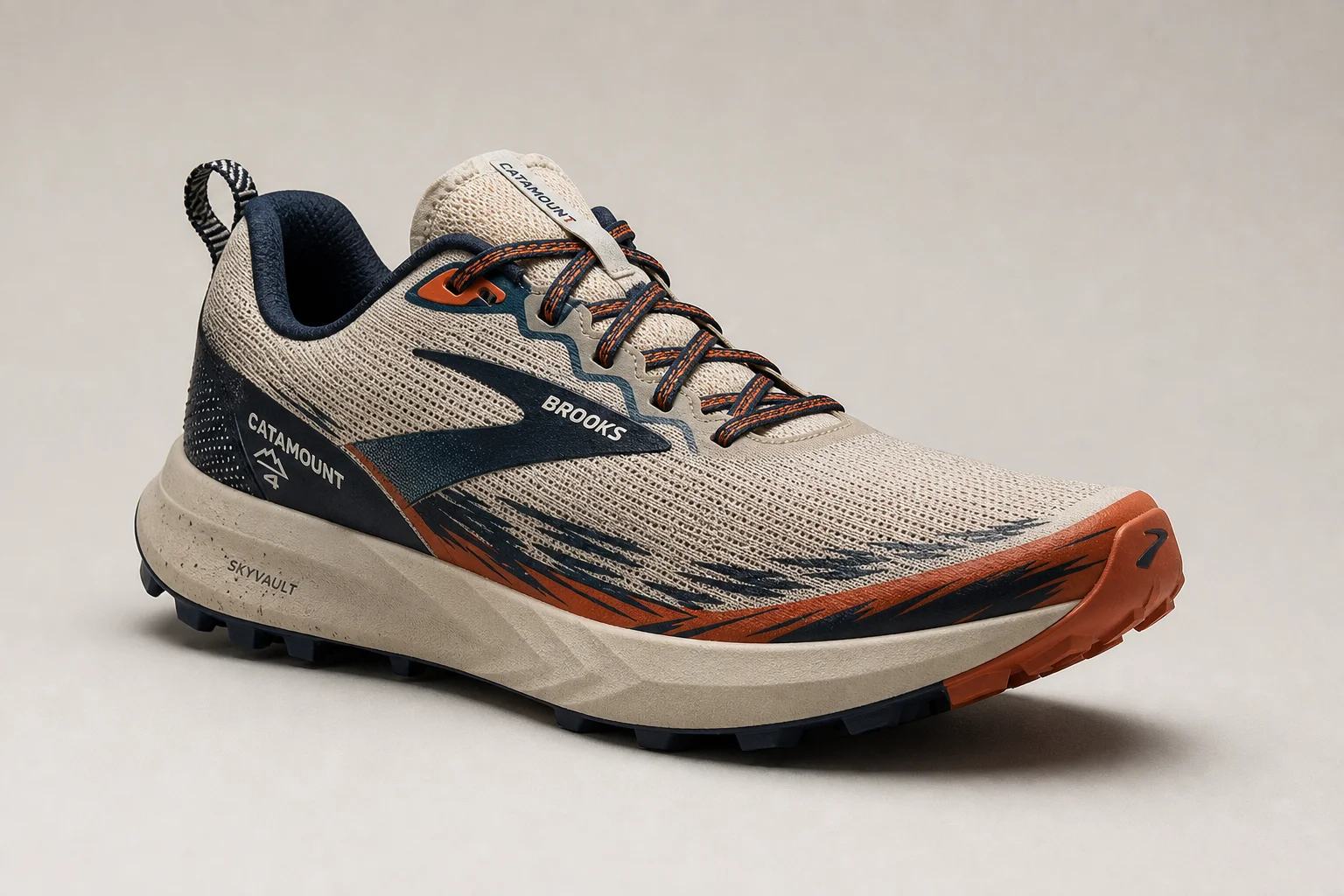 Fünf Trailrunning-Schuhe auf einer Betonfläche, die verschiedene Designs präsentieren