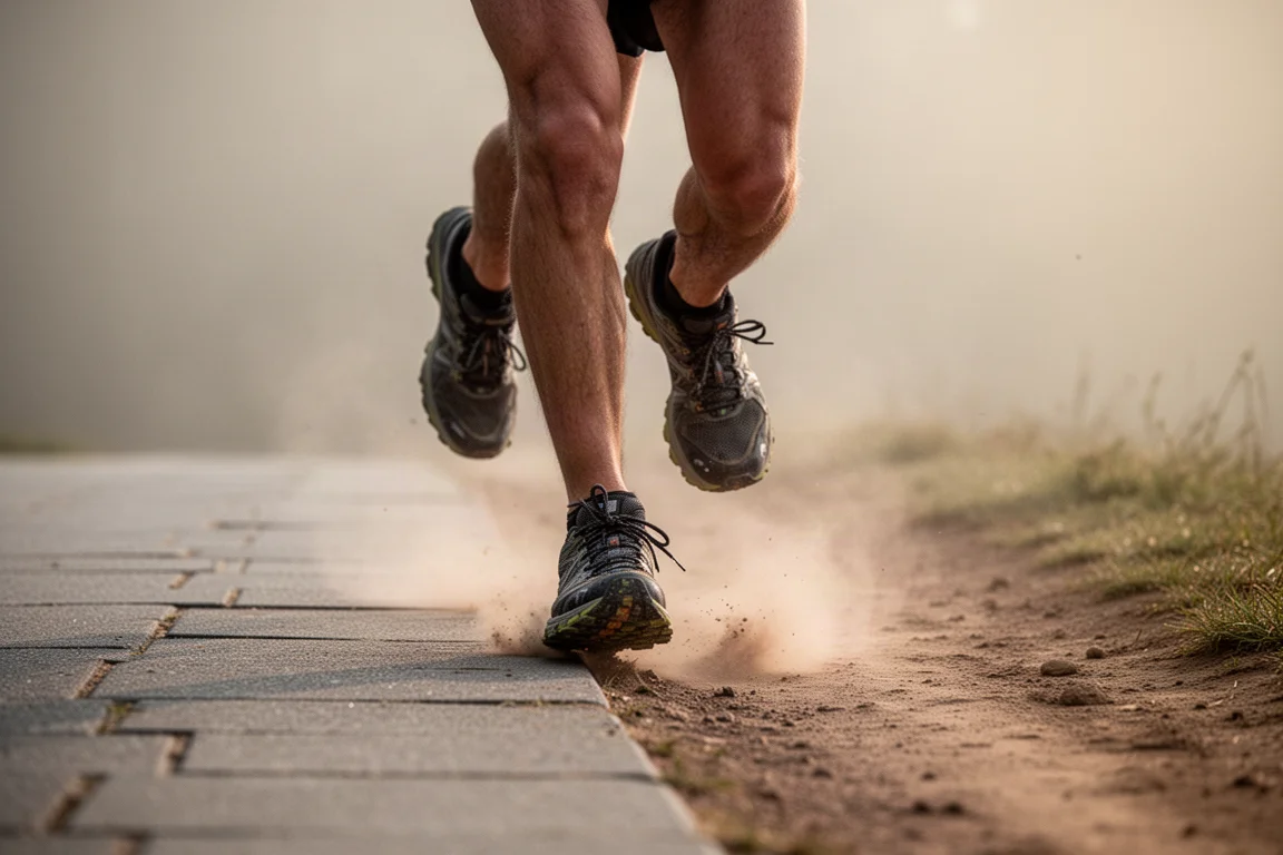Trail runner moving from a paved path onto a dirt trail at the edge of a city