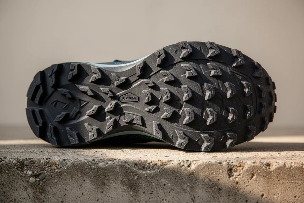 Close-up of the Divide 3 outsole showing moderately sized lugs and full ground contact