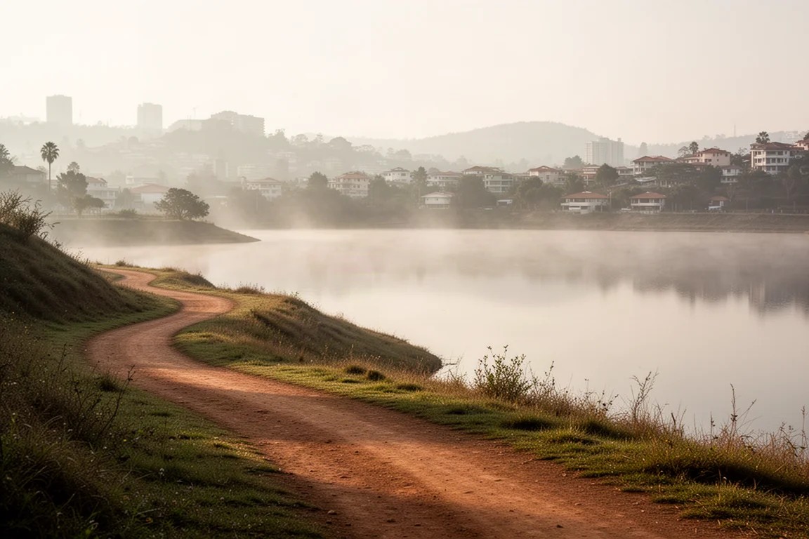 Winding dirt trail around an urban reservoir with city skyline in the distance