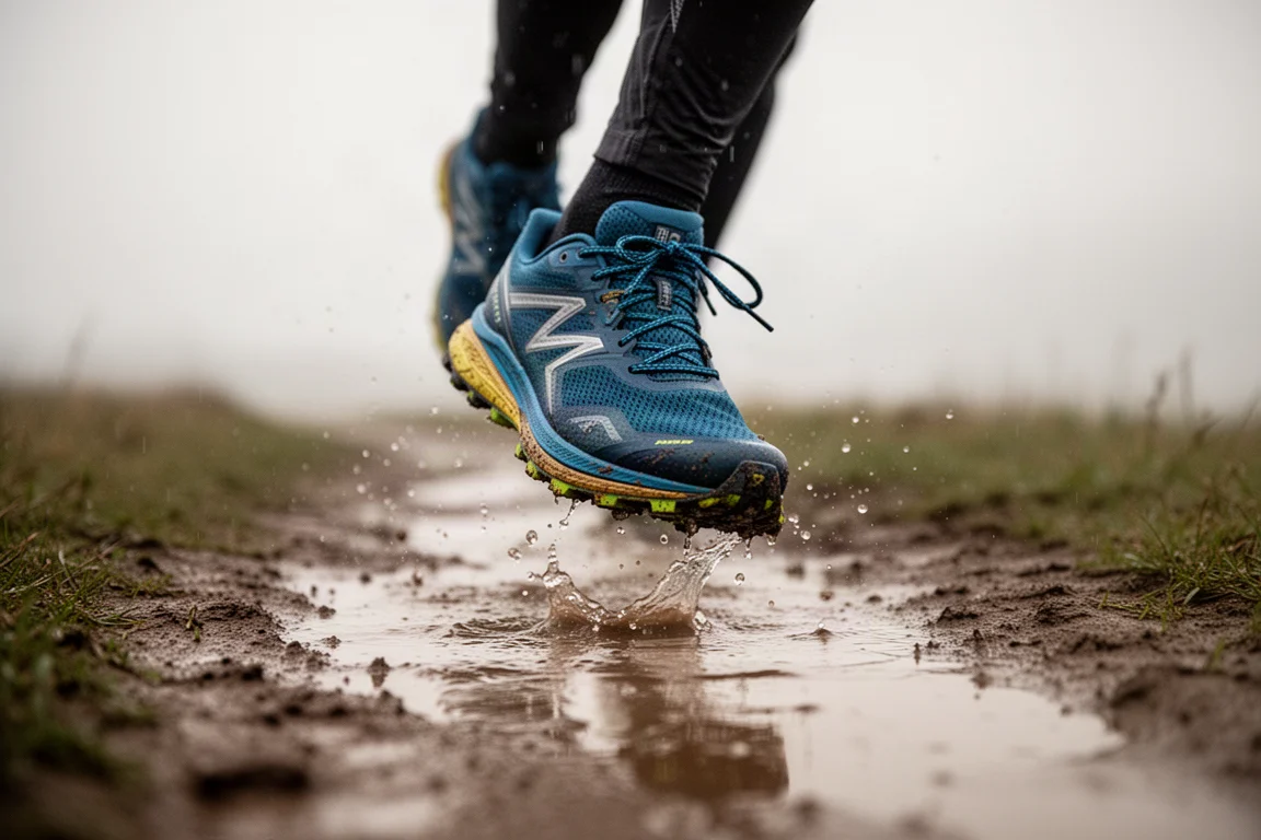 Trail shoe mid-stride on a lightly muddy path after rain