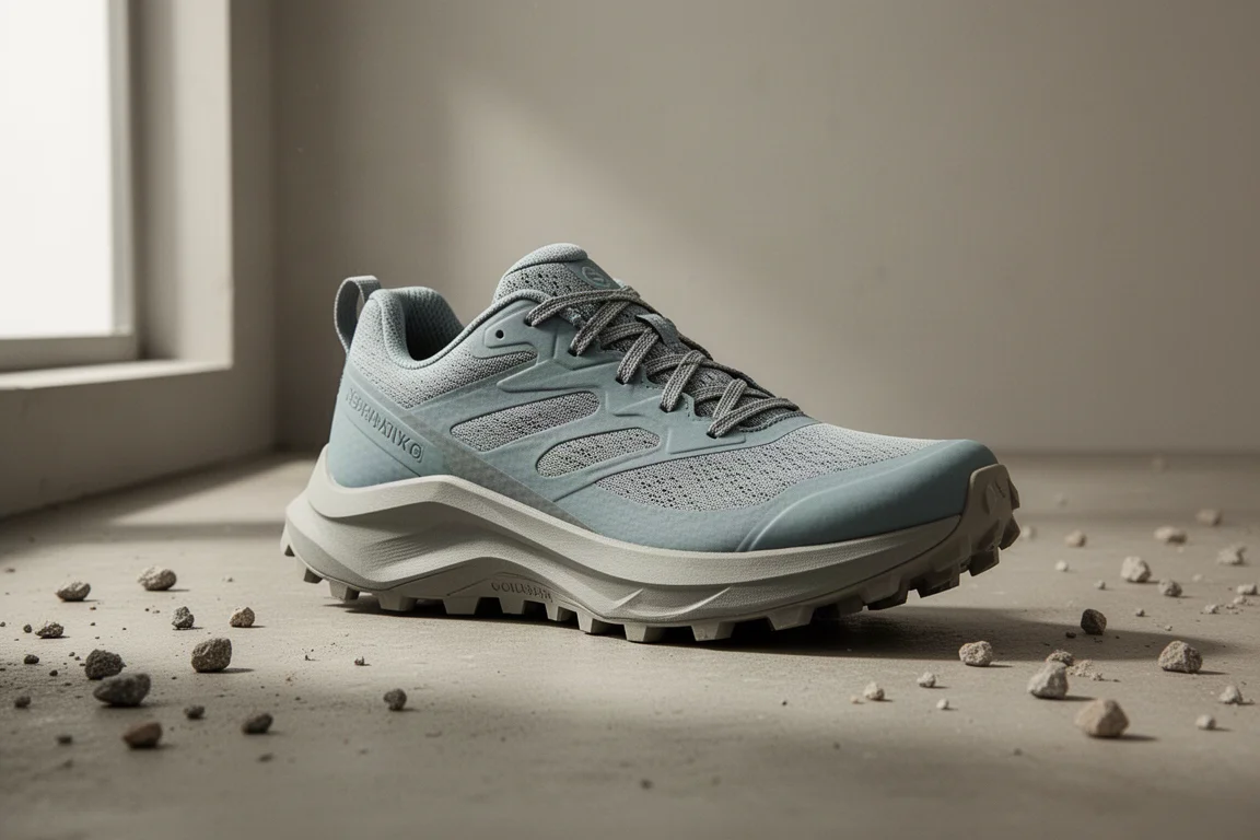 Trail running shoe with lugged outsole on a concrete surface