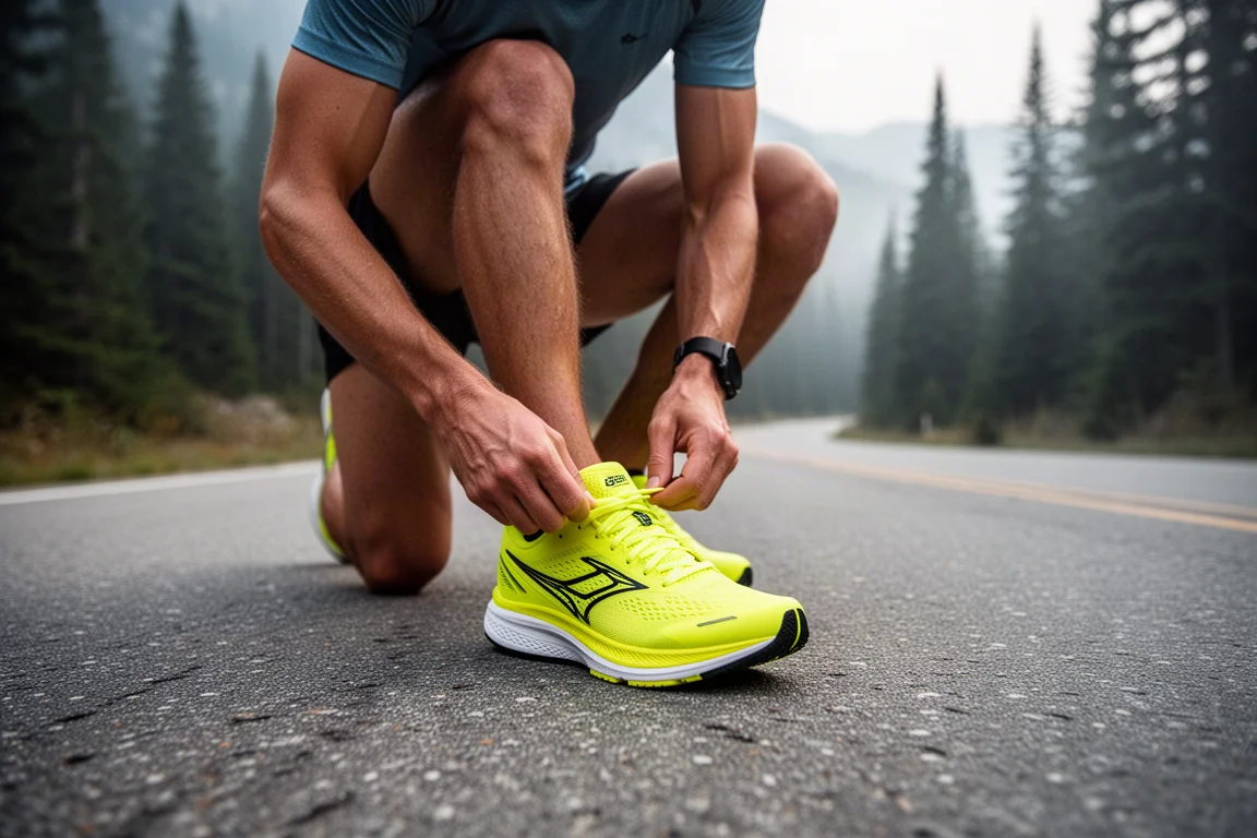 Runner lacing up a bright yellow road running shoe on a quiet mountain road