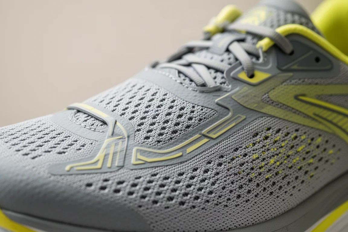 Close-up of a running shoe upper with engineered mesh and screen-printed structure