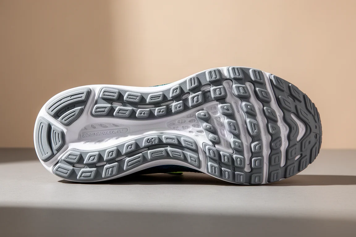 Close-up of a blown rubber outsole on a running shoe