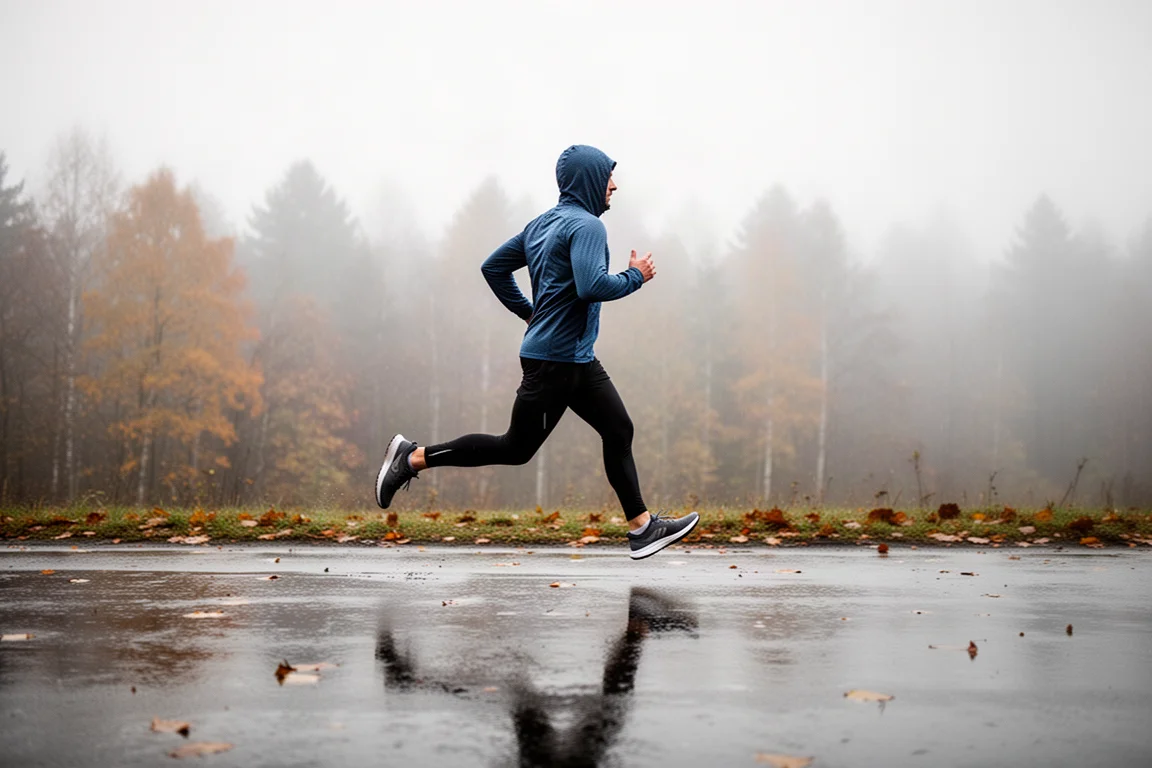 Runner logging miles on wet pavement in overcast weather