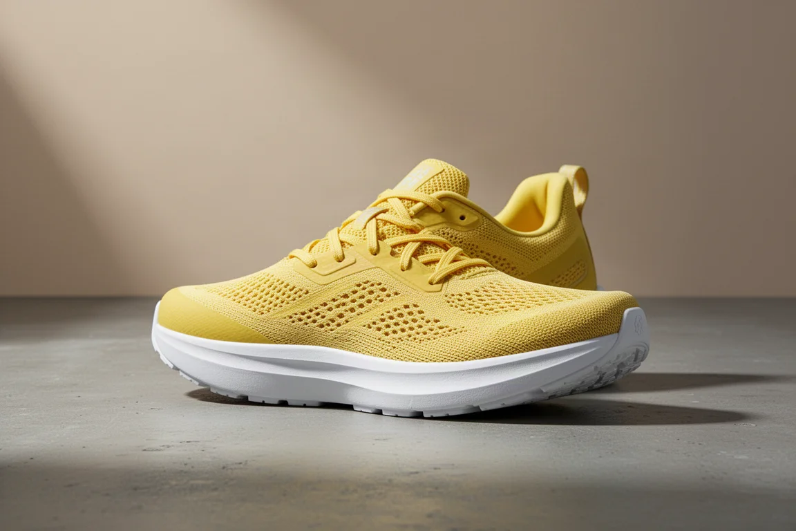 Brooks Ghost 14 road running shoe in bright yellow on a concrete surface