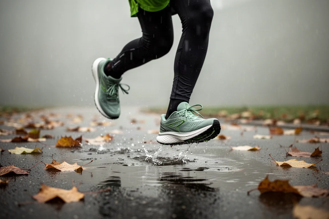 Runner walking along wet autumn pavement in the rain wearing cushioned running shoes