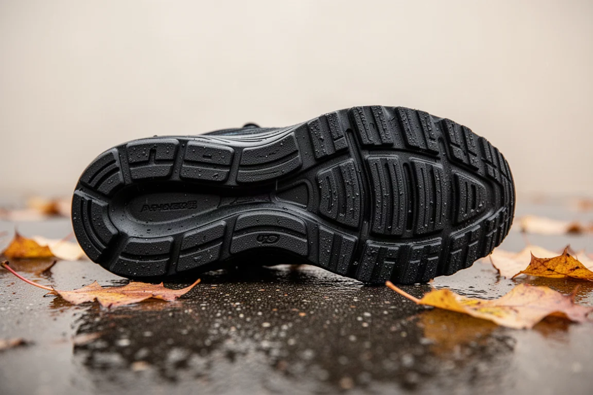 Close-up of a thick rubber running shoe outsole with segmented crash pad design