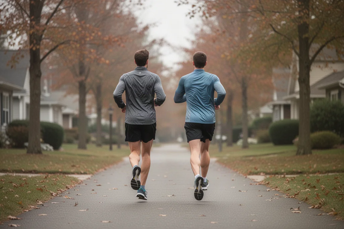 Runner cruising at an easy conversational pace along a quiet suburban path