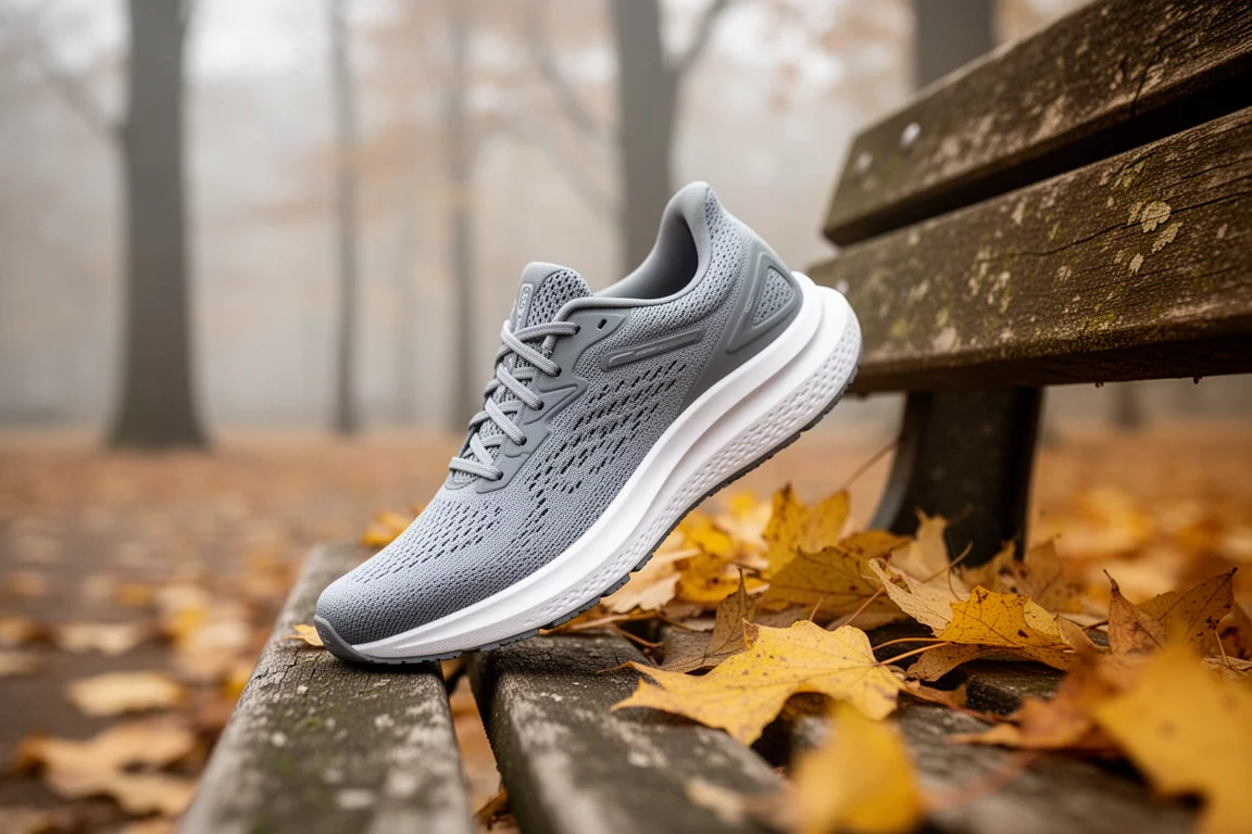 Cushioned running shoe resting beside a park bench after an easy run