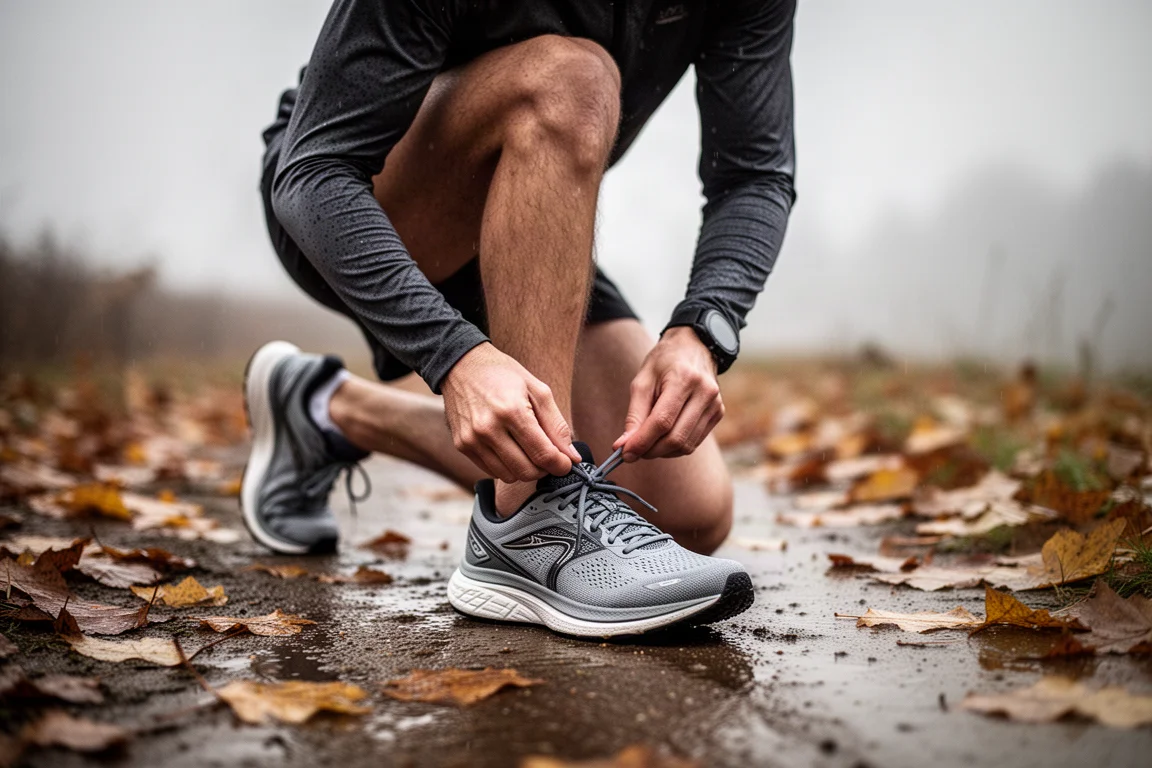 Runner lacing up running shoes on a quiet suburban path in morning light