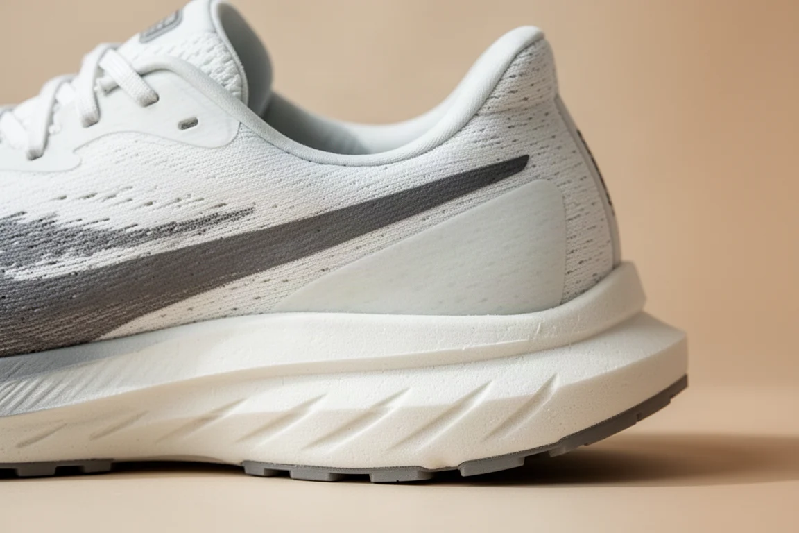 Close-up of a thick white foam midsole on a running shoe