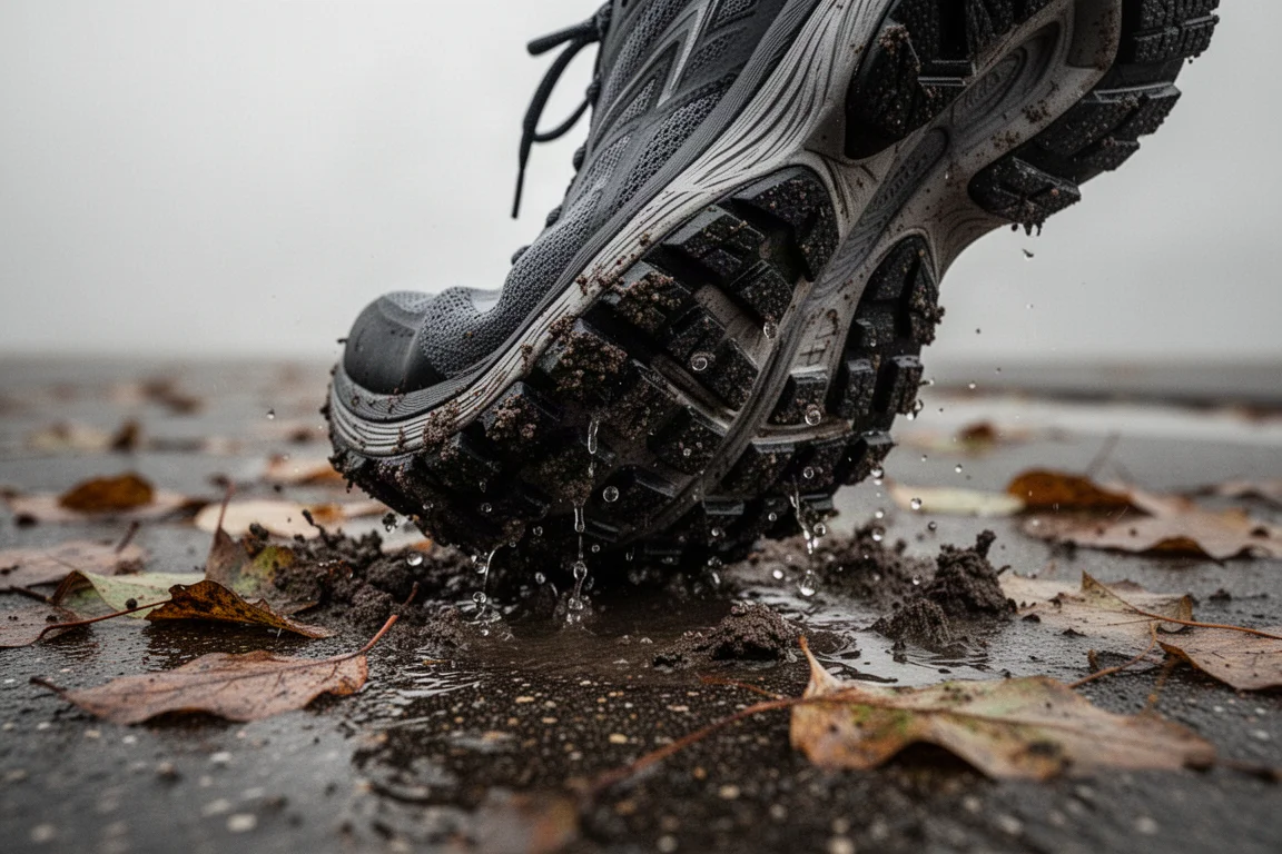 Worn rubber outsole of a running shoe showing tread pattern