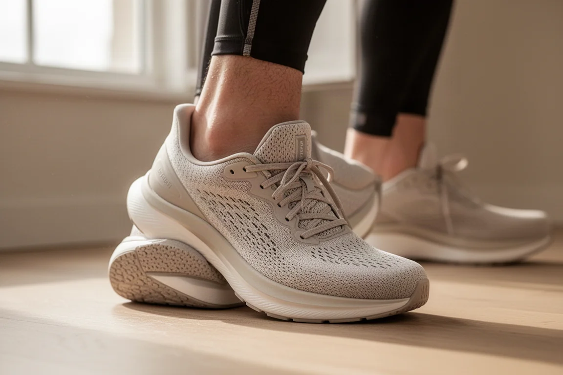 Un runner infila una scarpa da running imbottita sul piede, su un pavimento in legno