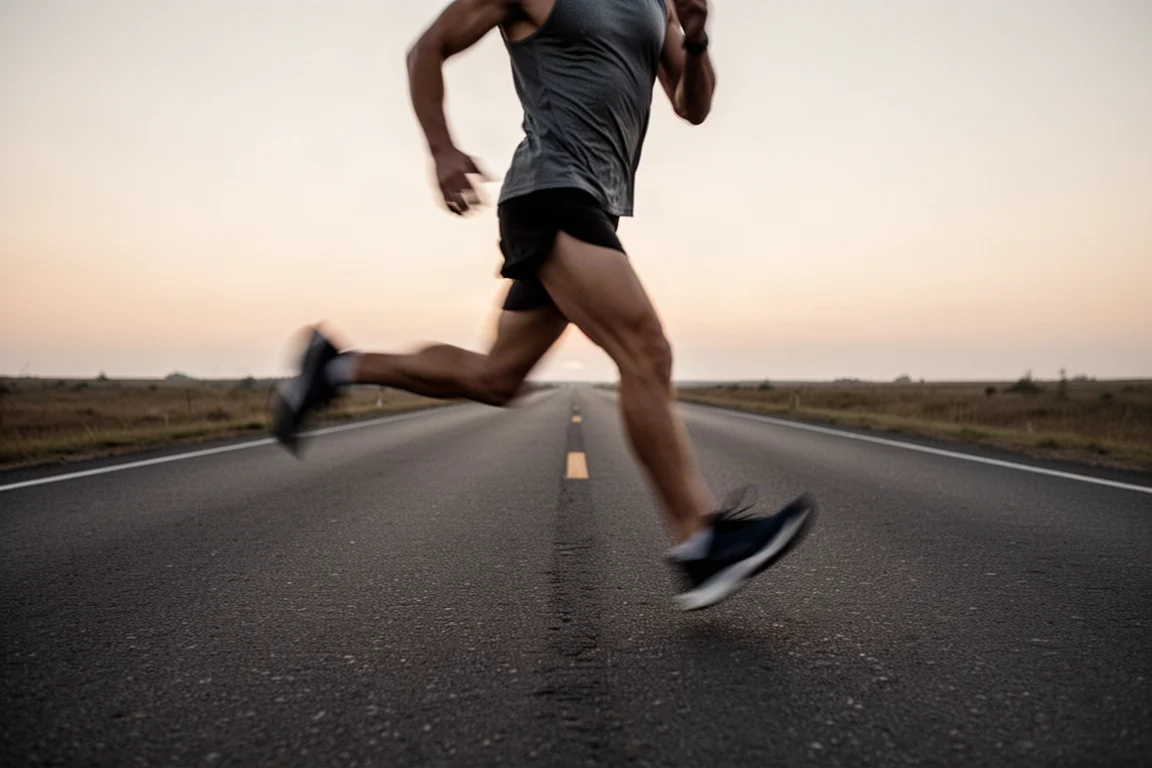 Un runner accelera su un lungo tratto di strada al tramonto