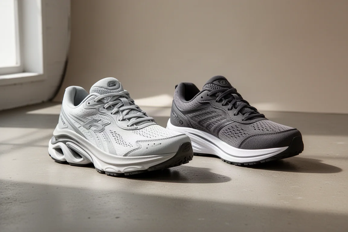 Two Brooks cushioned running shoes side by side on a light concrete floor
