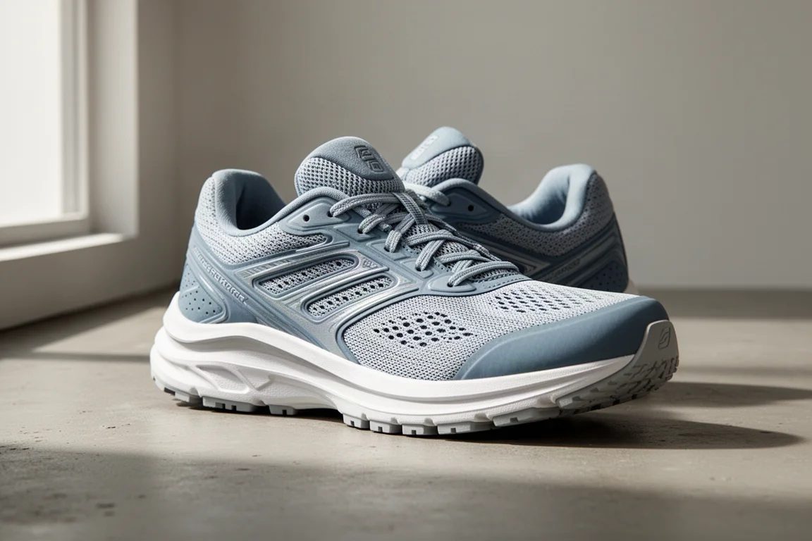 Scarpa da running neutra Brooks Ghost 16 grigio-azzurra su una superficie in cemento