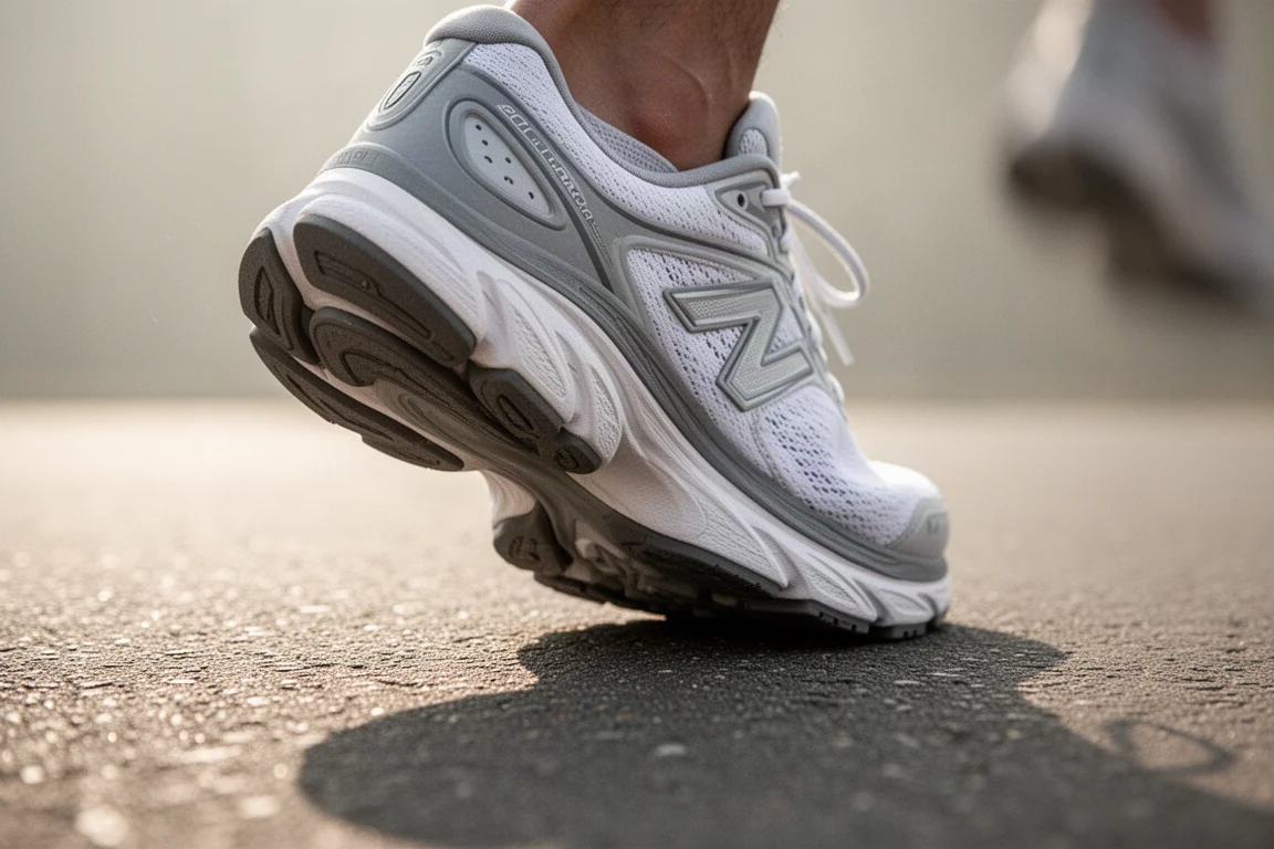 Close-up of a road running shoe midsole compressing as the heel strikes the pavement