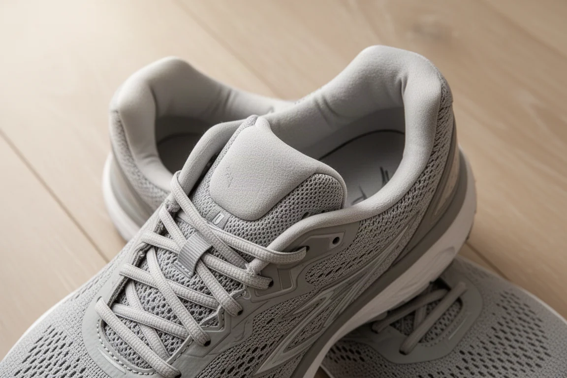 Interior view of a running shoe upper showing soft padded tongue and heel collar