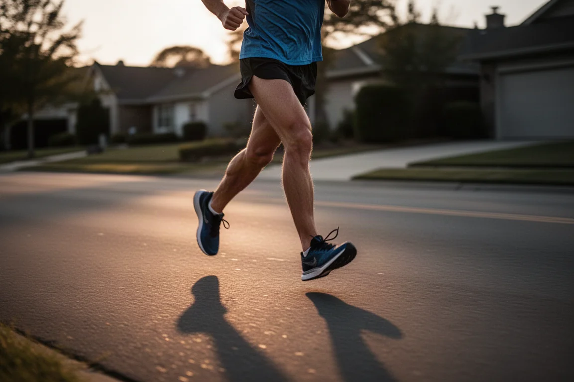 Runner jogging an easy recovery pace on a quiet suburban road at dusk