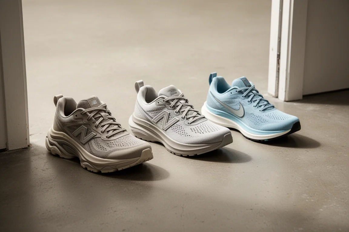 Three running shoes lined up on a concrete floor for rotation comparison