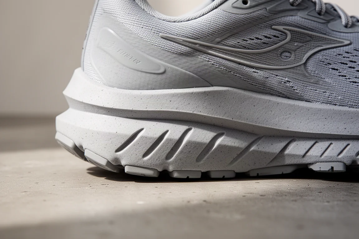 Running shoe midsole close-up showing thick foam stack and flex grooves