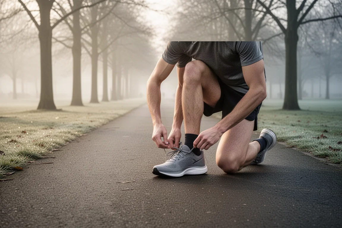 Runner lacing up a running shoe on a park path in soft morning light