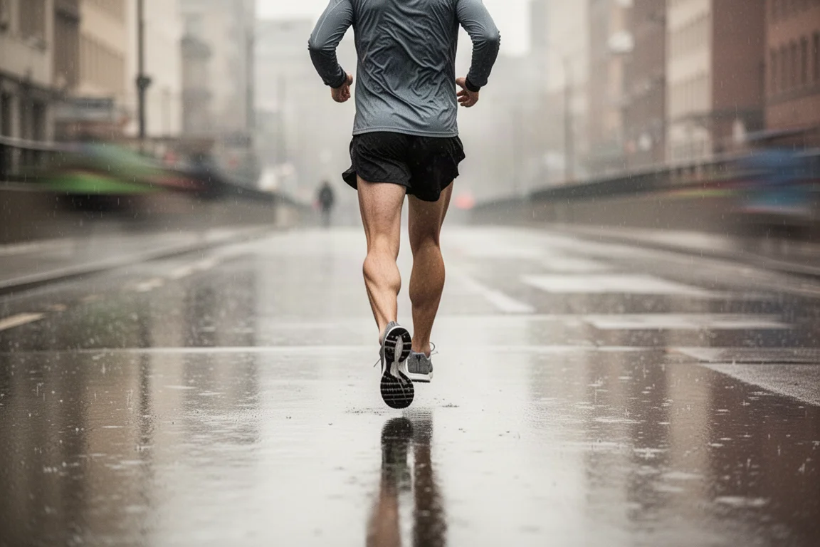 Runner cruising at an easy pace along a wet city pavement