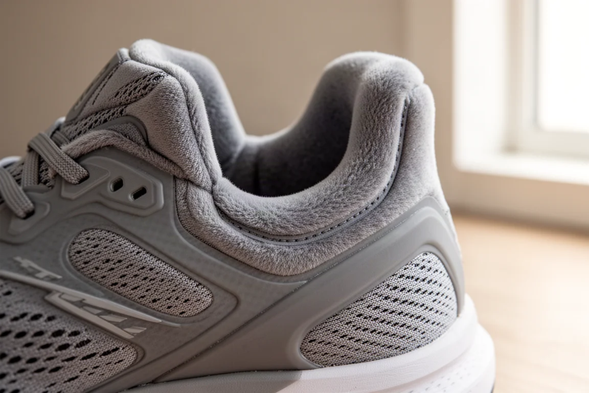 Heel collar detail of a running shoe showing raised heel cup